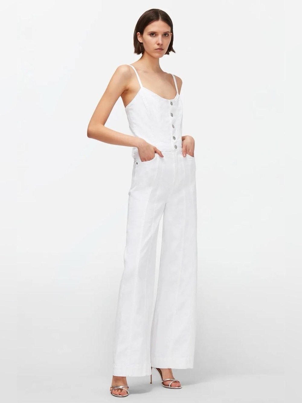 7 For All Mankind White Button-Front Denim Jumpsuit SzS